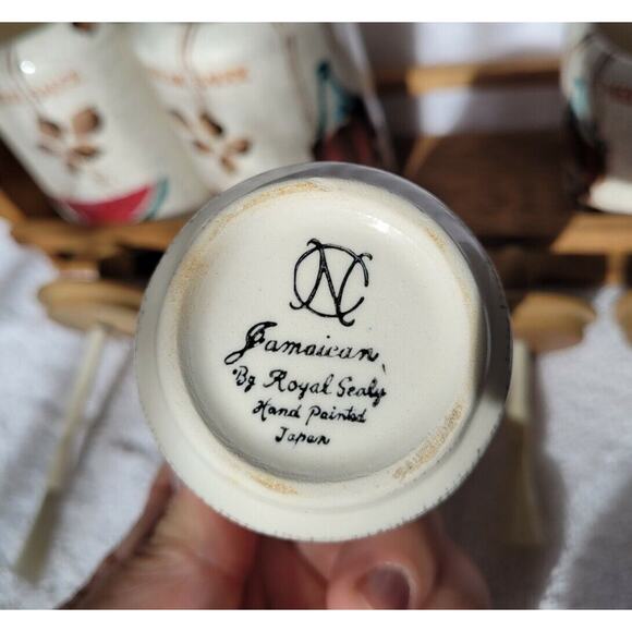 Set 4 Vintage ROYAL SEALY Jamaican Condiment Jar Wood Shelf BBQ Japan MCM - Picture 5 of 9